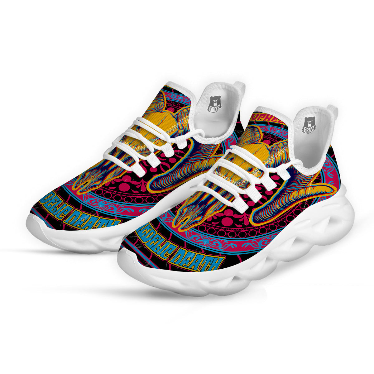 Psychedelic And Ram Skull Print White Running Shoes-grizzshop