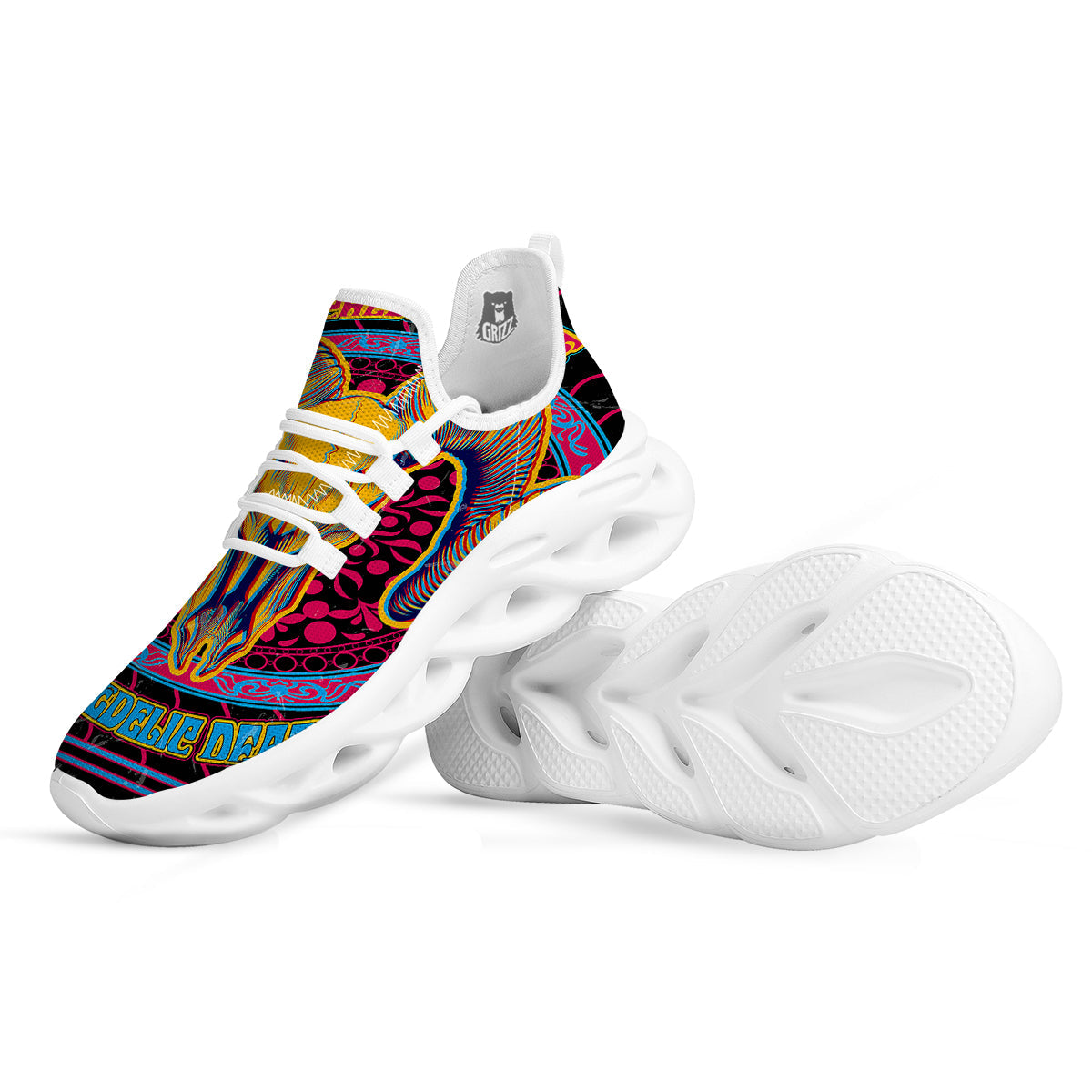 Psychedelic And Ram Skull Print White Running Shoes-grizzshop