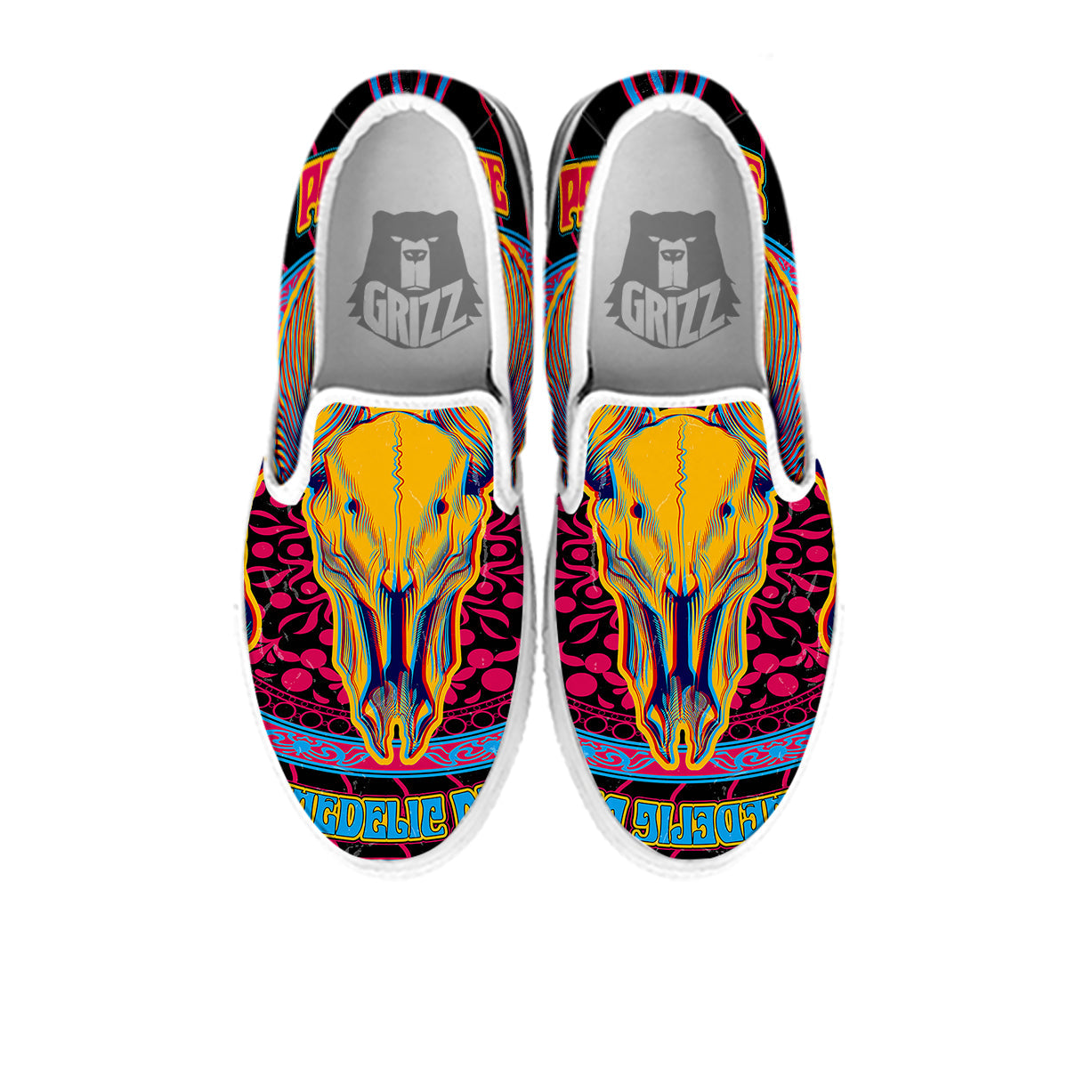 Psychedelic And Ram Skull Print White Slip On Shoes-grizzshop