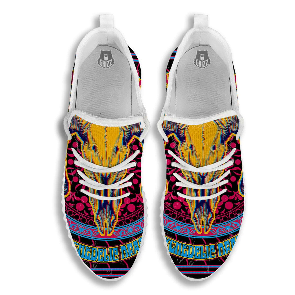 Psychedelic And Ram Skull Print White Walking Shoes-grizzshop