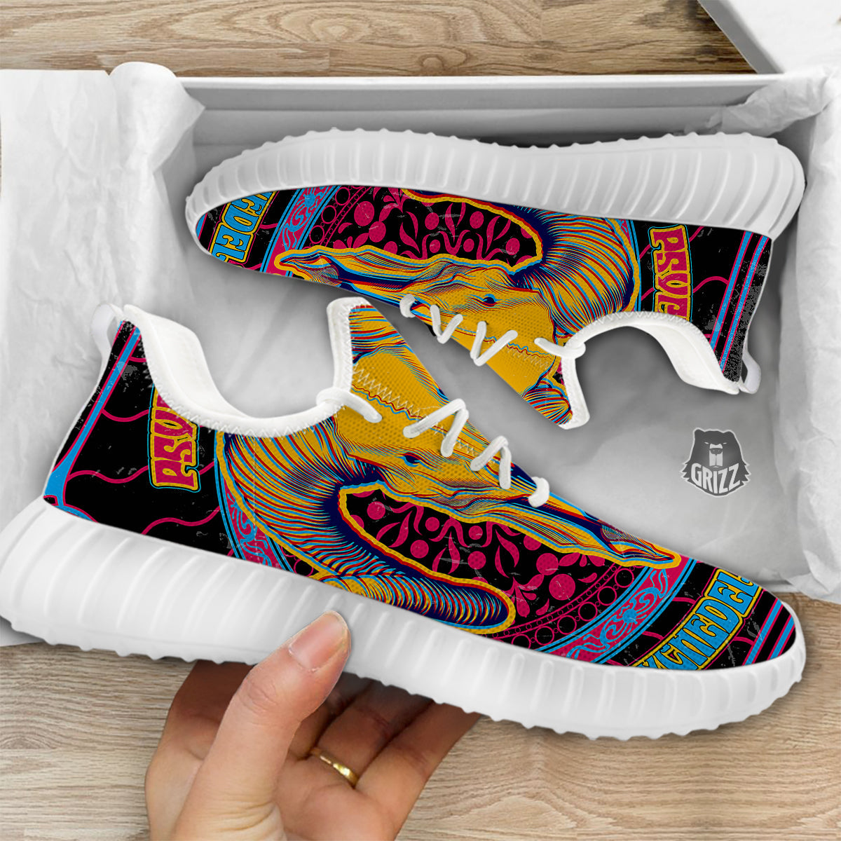 Psychedelic And Ram Skull Print White Walking Shoes-grizzshop