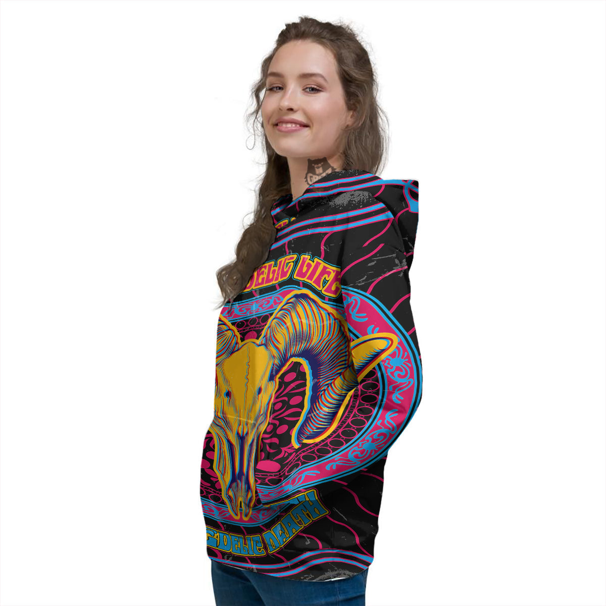 Psychedelic And Ram Skull Print Women's Hoodie-grizzshop