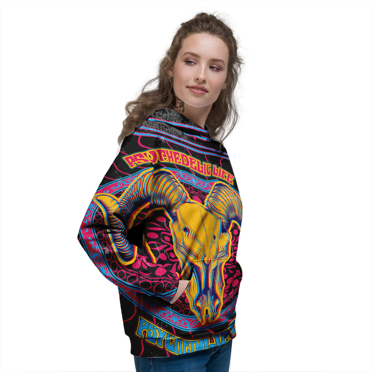 Psychedelic And Ram Skull Print Women's Hoodie-grizzshop