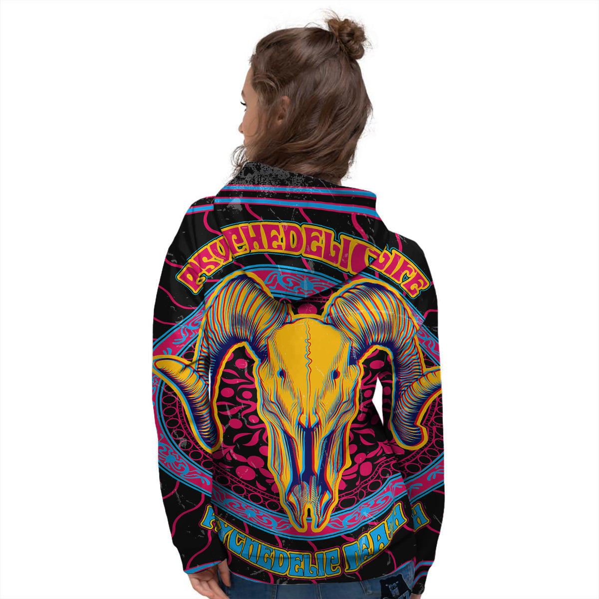 Psychedelic And Ram Skull Print Women's Hoodie-grizzshop