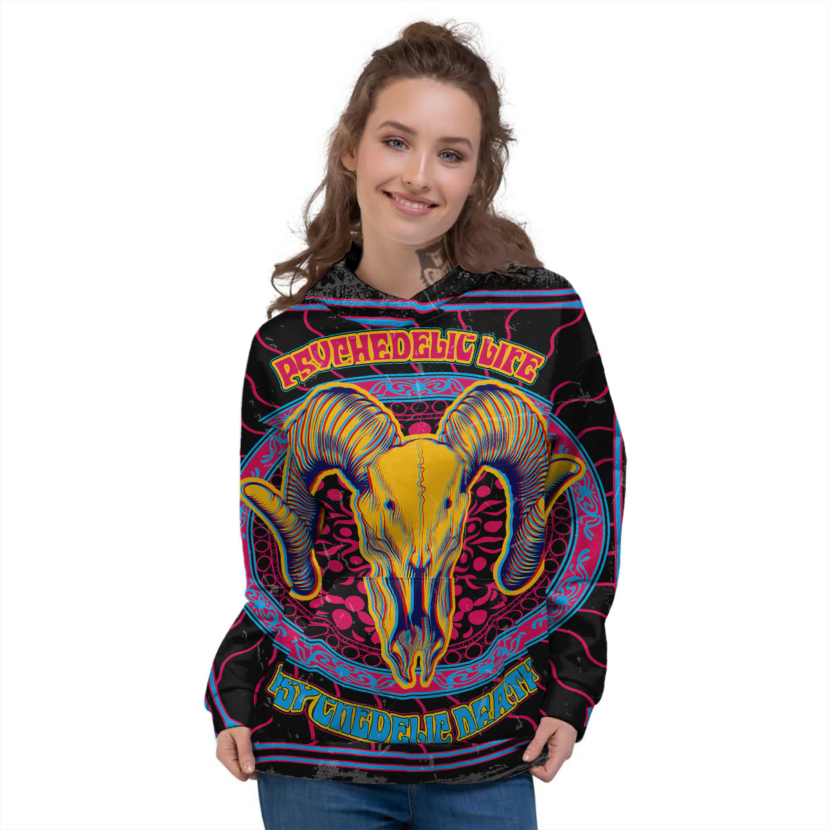 Psychedelic And Ram Skull Print Women's Hoodie-grizzshop