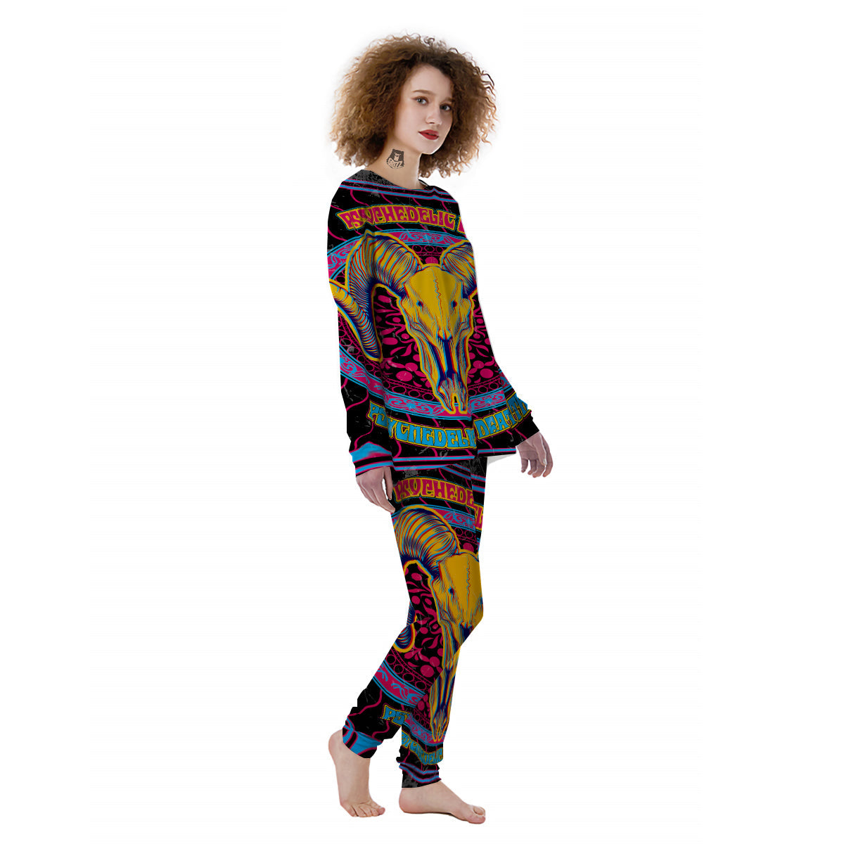 Psychedelic And Ram Skull Print Women's Pajamas-grizzshop