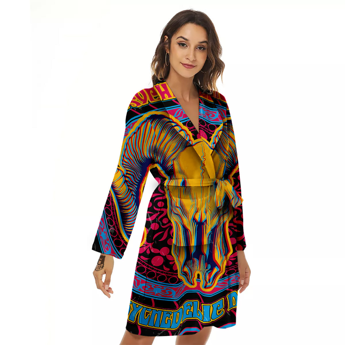 Psychedelic And Ram Skull Print Women's Robe-grizzshop