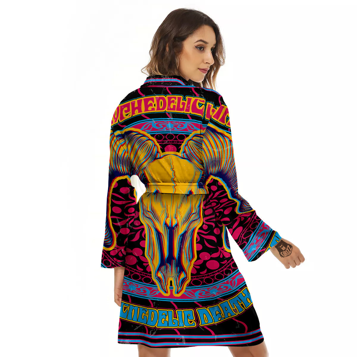 Psychedelic And Ram Skull Print Women's Robe-grizzshop