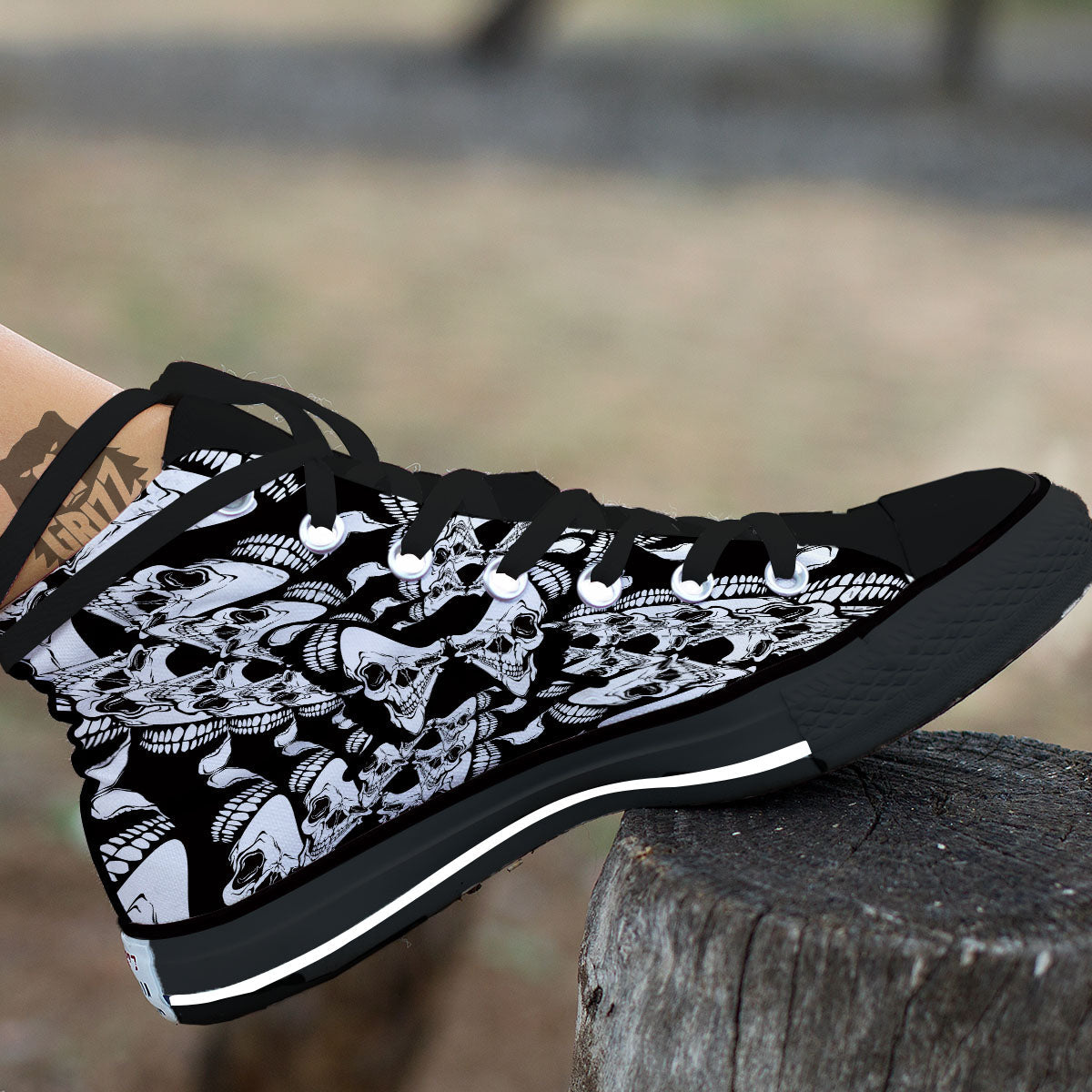 Psychedelic Black And White Skull Print Black High Top Shoes-grizzshop