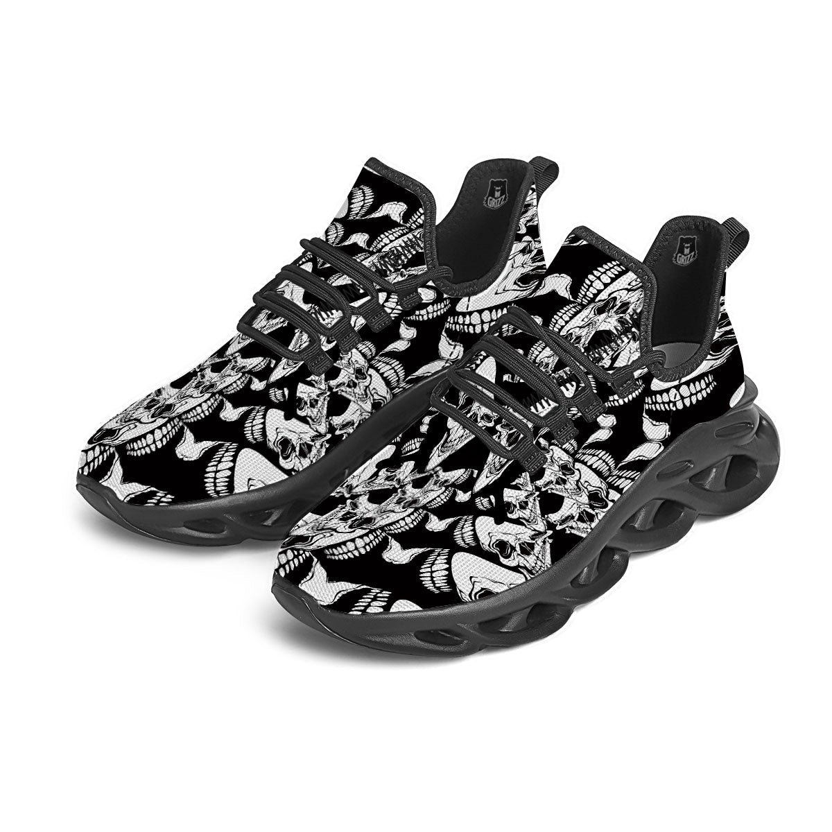 Psychedelic Black And White Skull Print Black Running Shoes-grizzshop