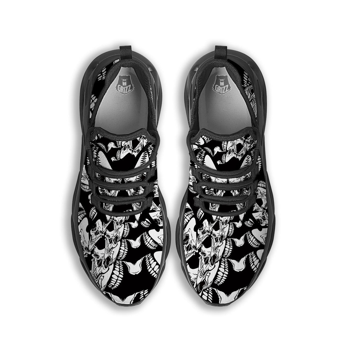 Psychedelic Black And White Skull Print Black Running Shoes-grizzshop