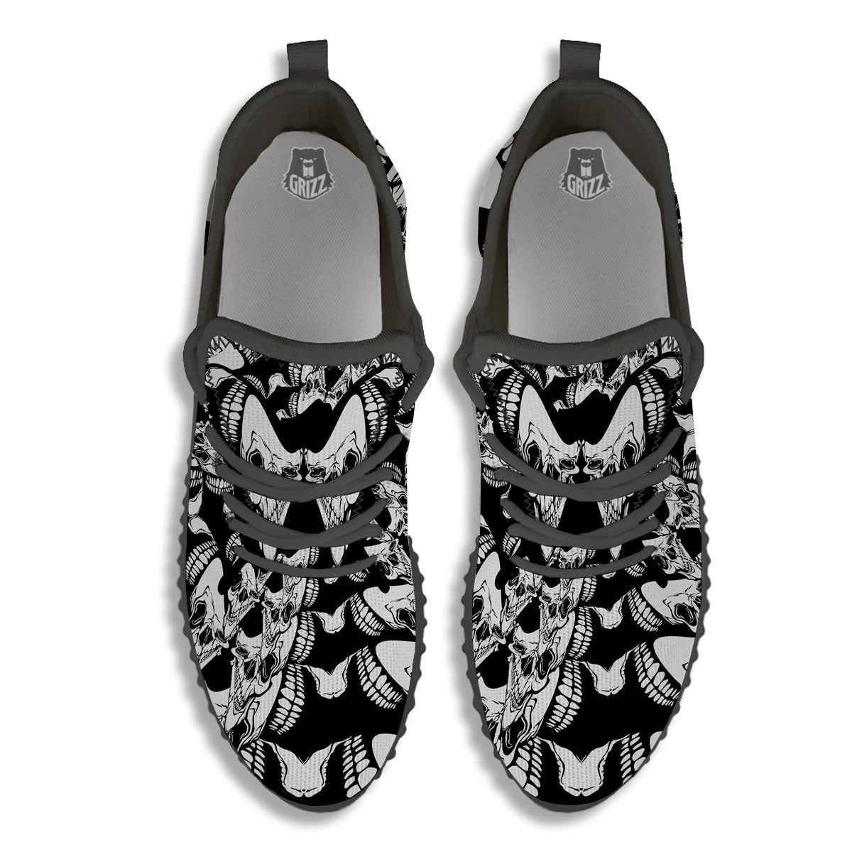 Psychedelic Black And White Skull Print Black Walking Shoes-grizzshop