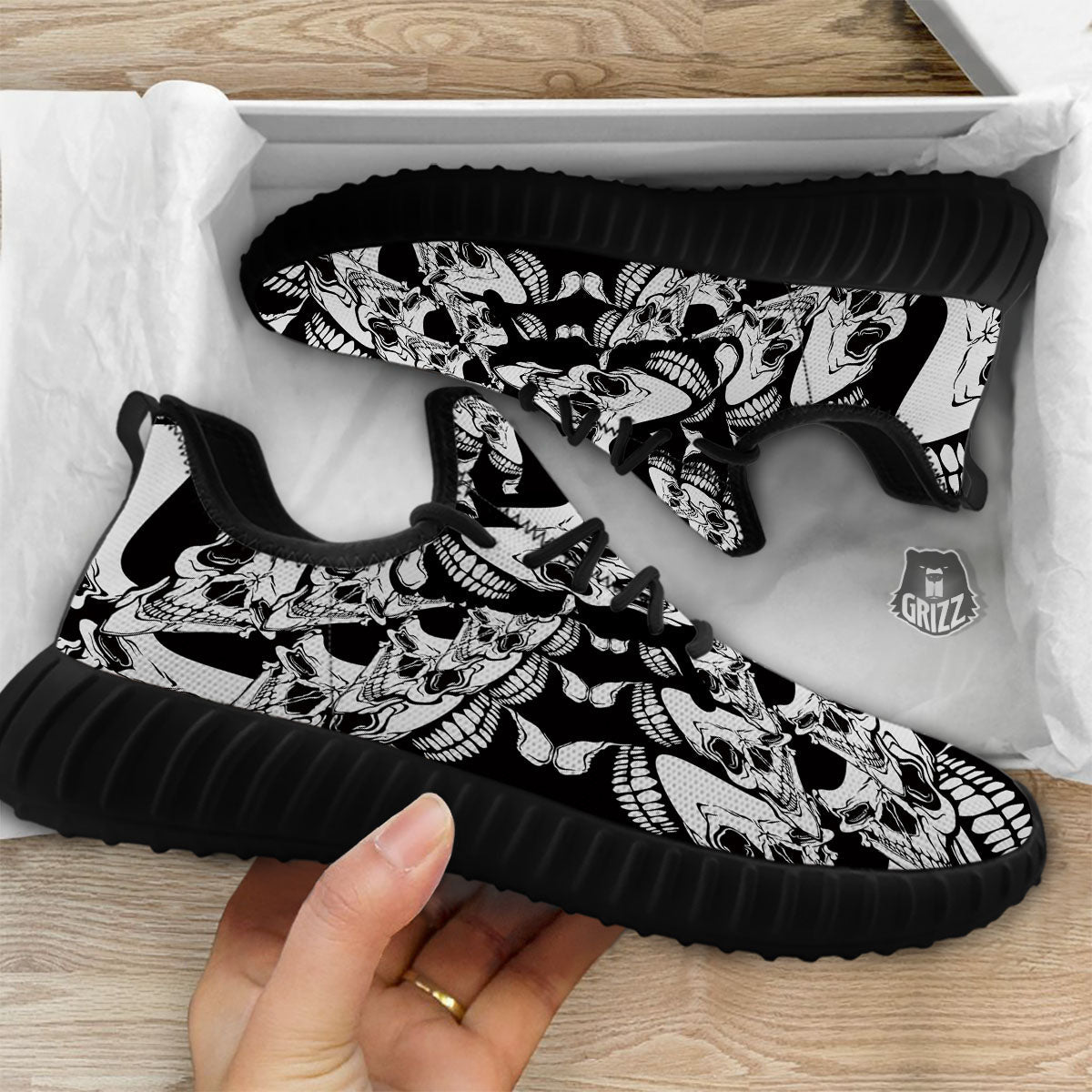 Psychedelic Black And White Skull Print Black Walking Shoes-grizzshop
