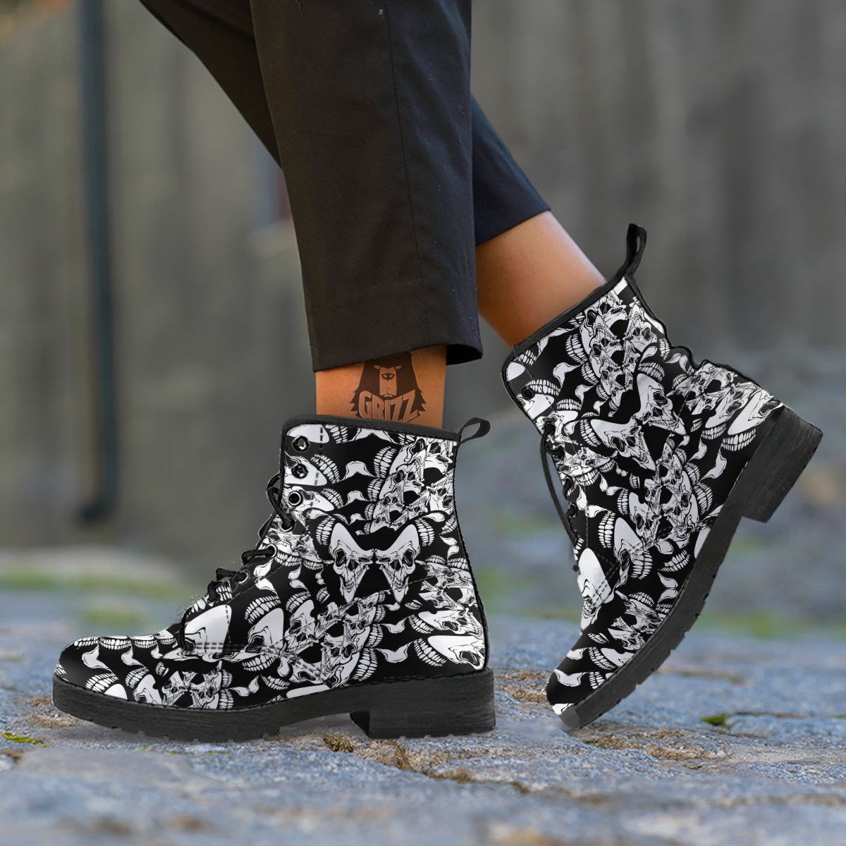 Psychedelic Black And White Skull Print Leather Boots-grizzshop