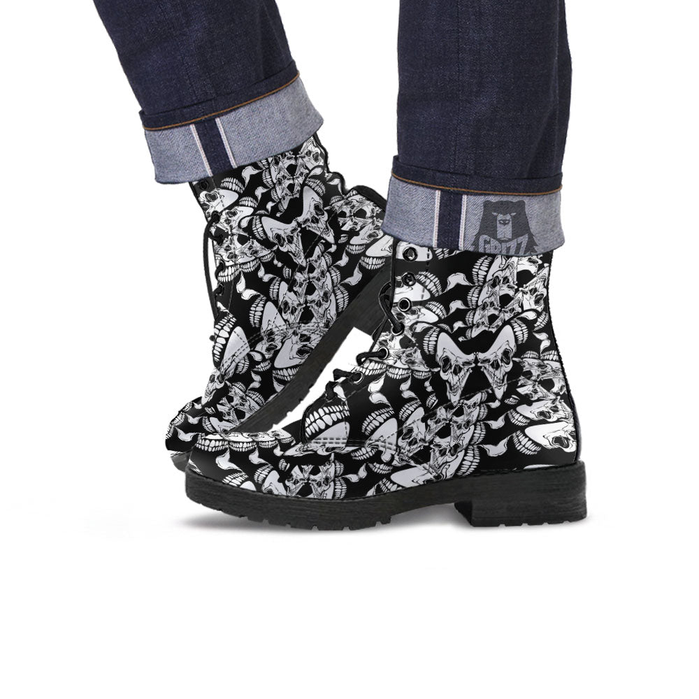 Psychedelic Black And White Skull Print Leather Boots-grizzshop