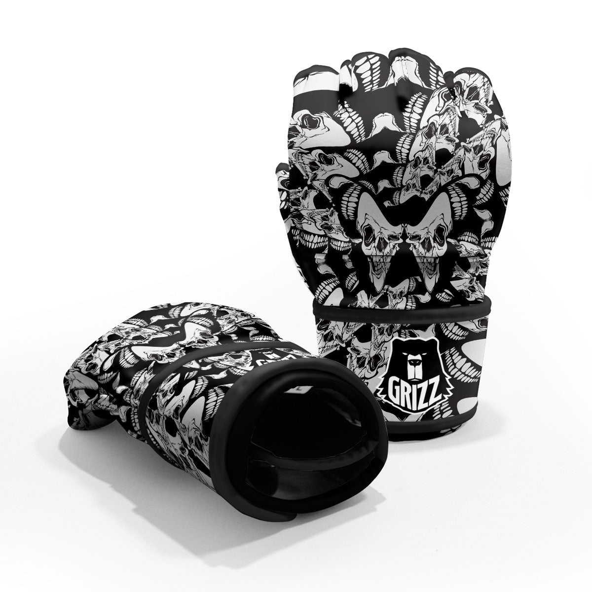 Psychedelic Black And White Skull Print MMA Gloves-grizzshop