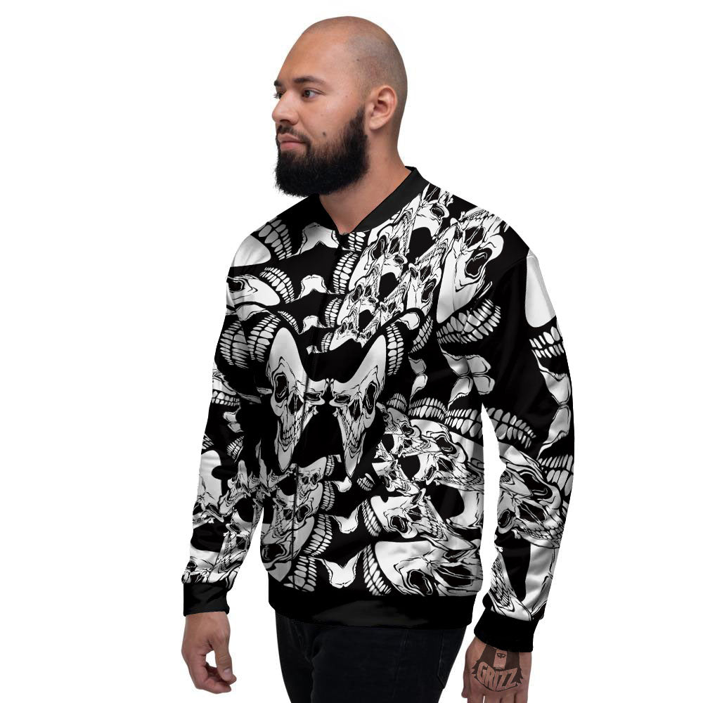 Psychedelic Black And White Skull Print Men's Bomber Jacket-grizzshop