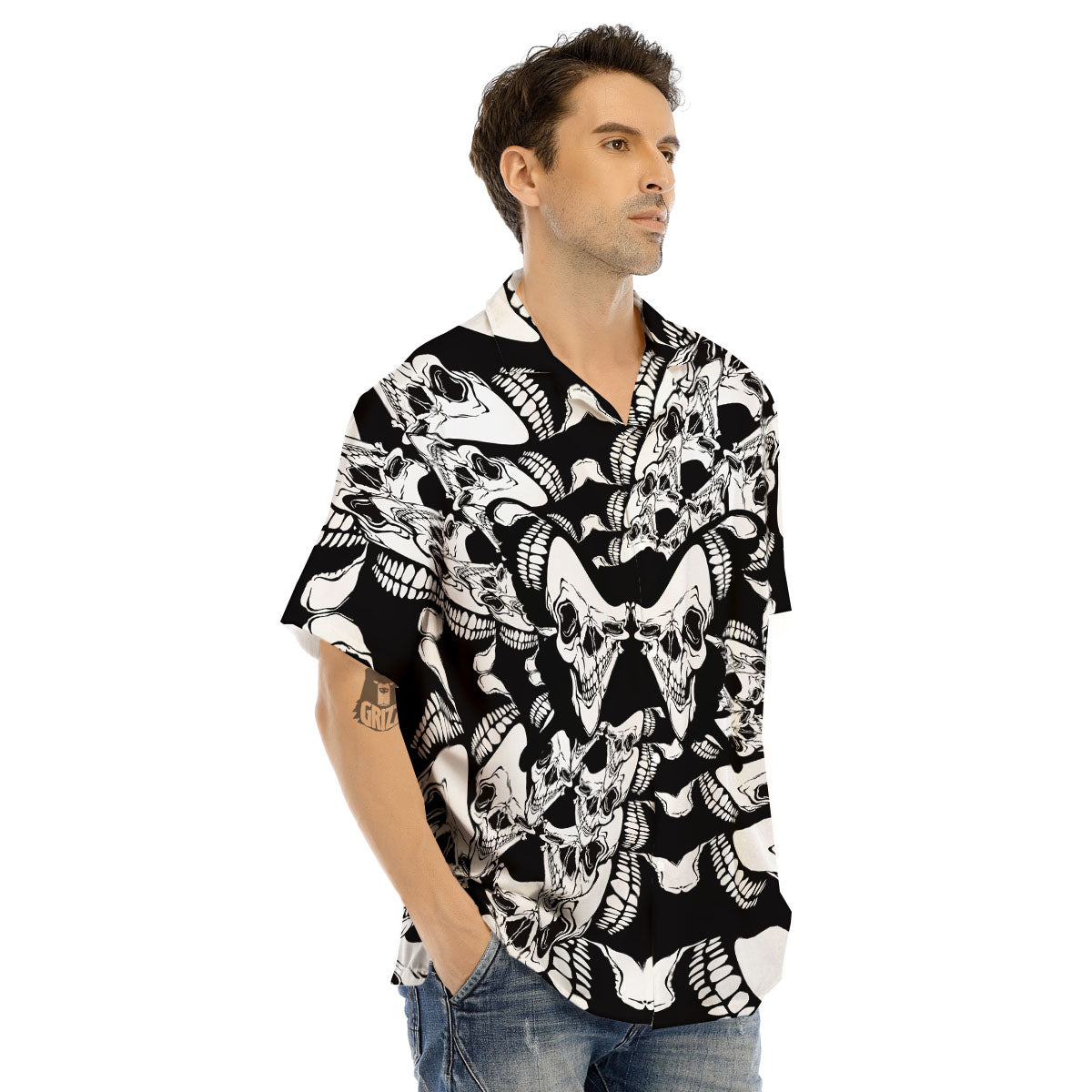 Psychedelic Black And White Skull Print Men's Hawaiian Shirt-grizzshop