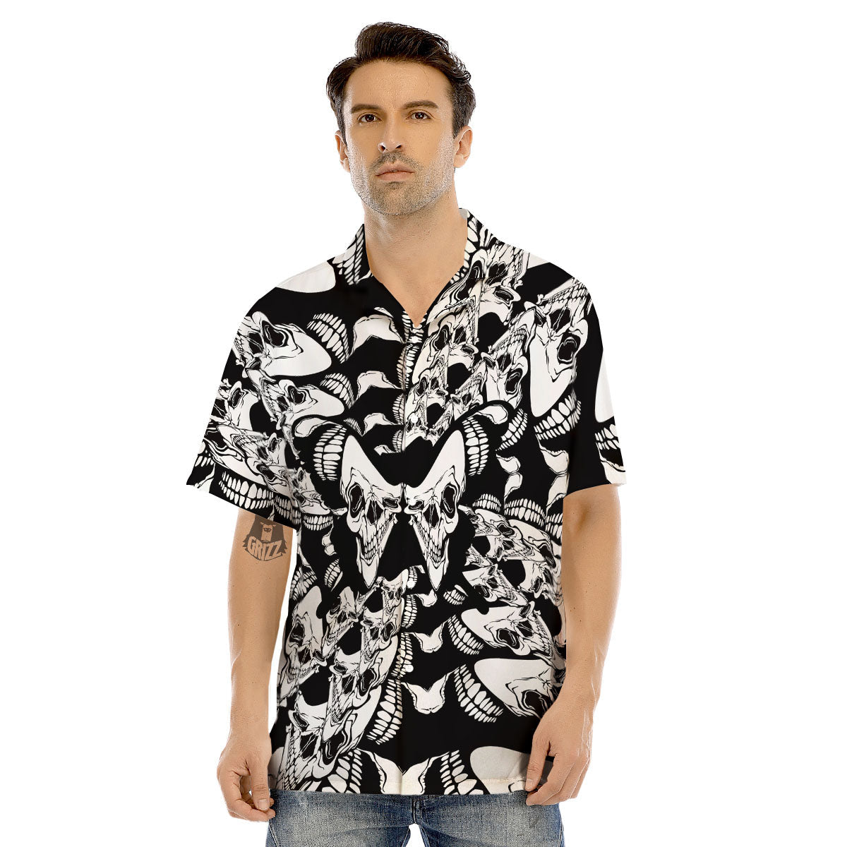 Psychedelic Black And White Skull Print Men's Hawaiian Shirt-grizzshop