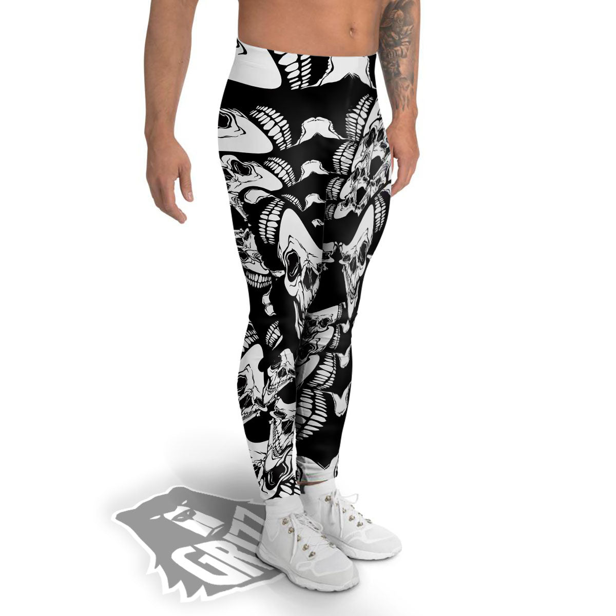 Psychedelic Black And White Skull Print Men's Leggings-grizzshop