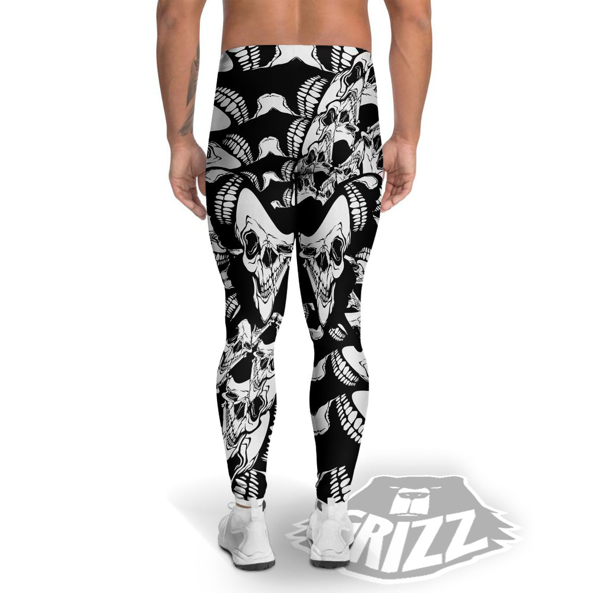 Psychedelic Black And White Skull Print Men's Leggings-grizzshop