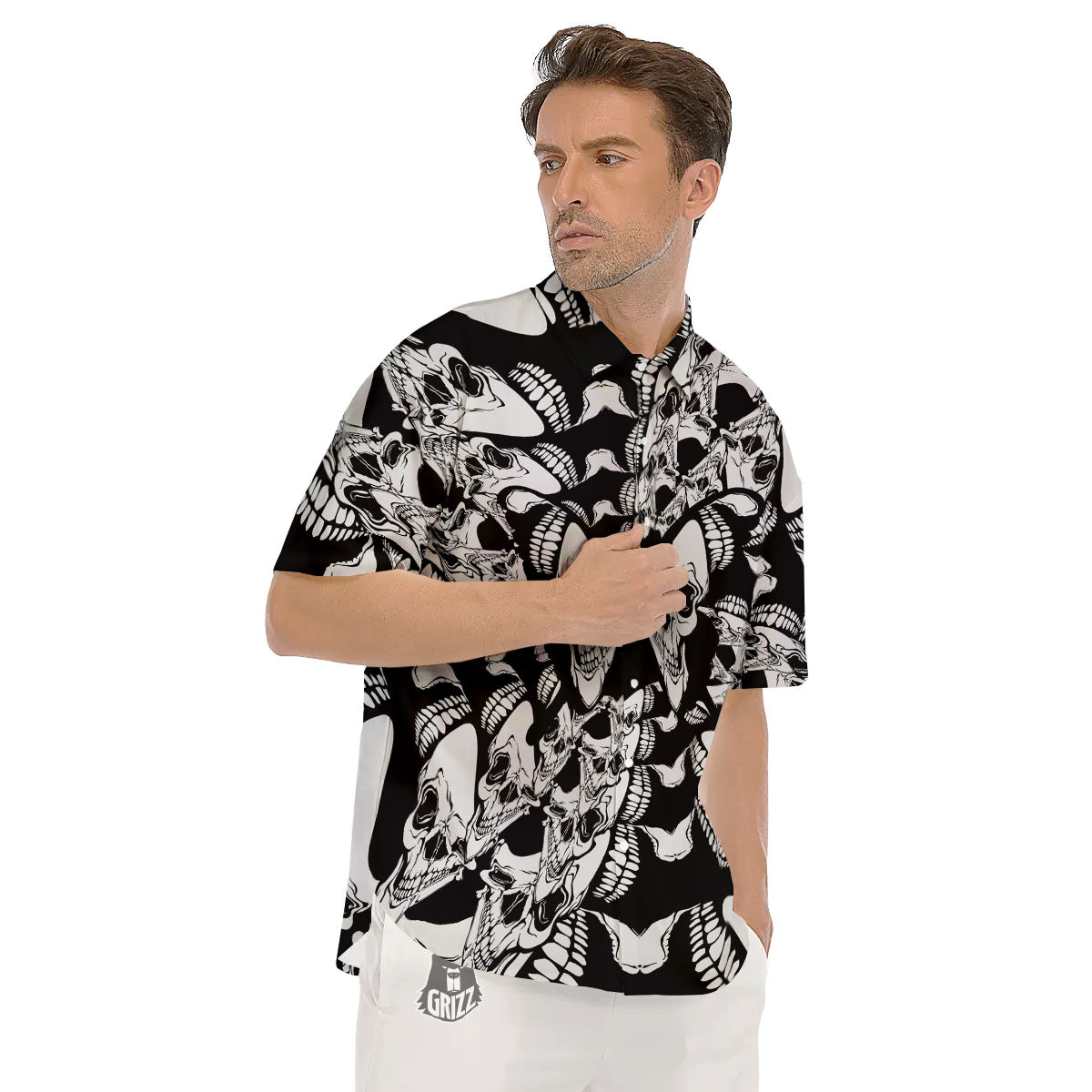Psychedelic Black And White Skull Print Men's Short Sleeve Shirts-grizzshop
