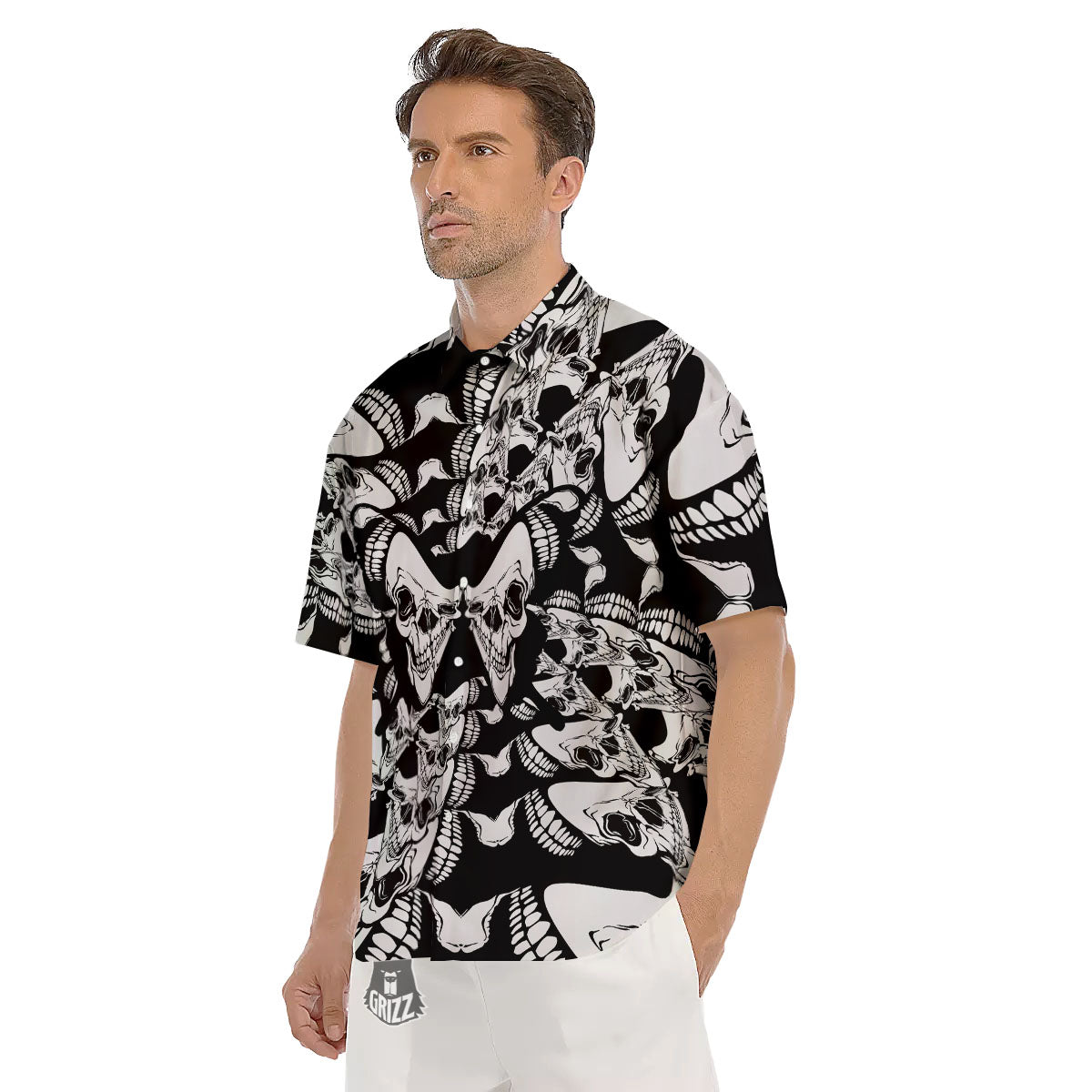 Psychedelic Black And White Skull Print Men's Short Sleeve Shirts-grizzshop