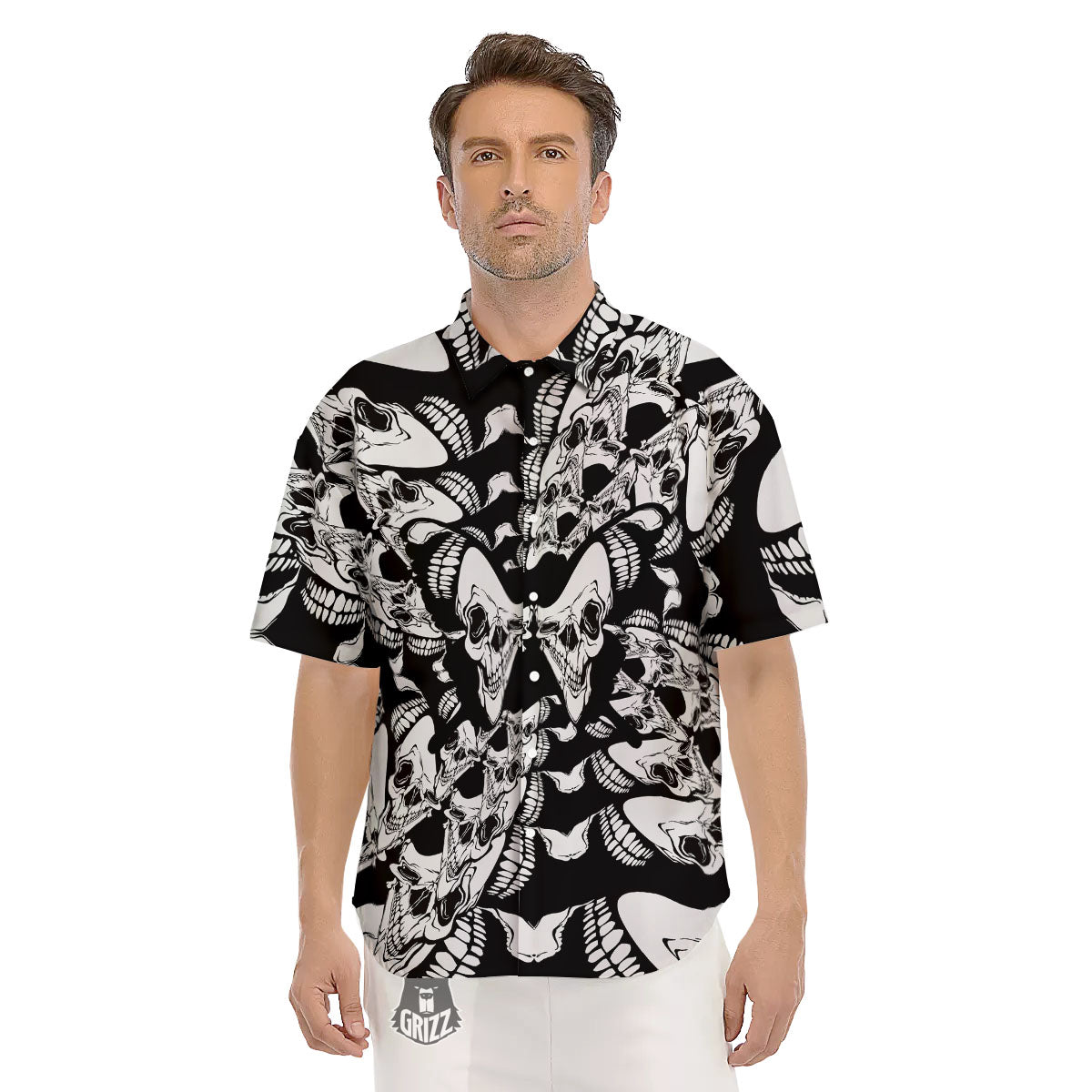 Psychedelic Black And White Skull Print Men's Short Sleeve Shirts-grizzshop