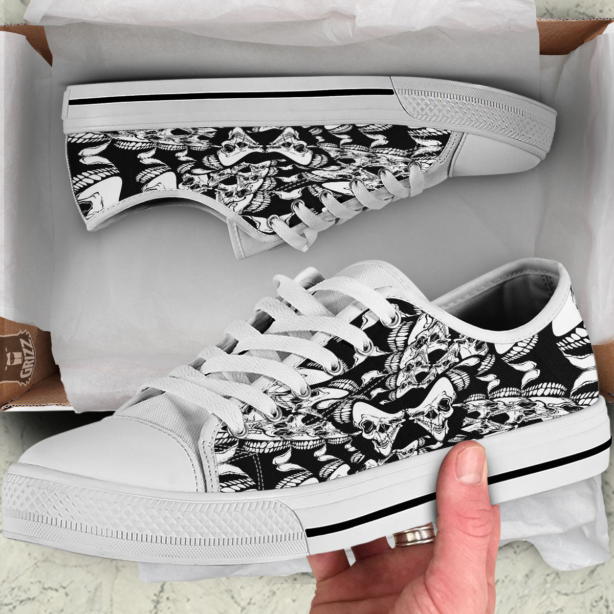 Psychedelic Black And White Skull Print White Low Top Shoes-grizzshop