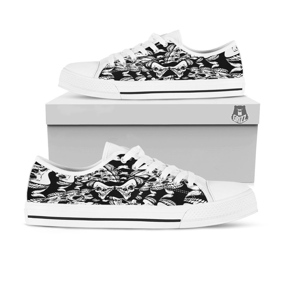Psychedelic Black And White Skull Print White Low Top Shoes-grizzshop