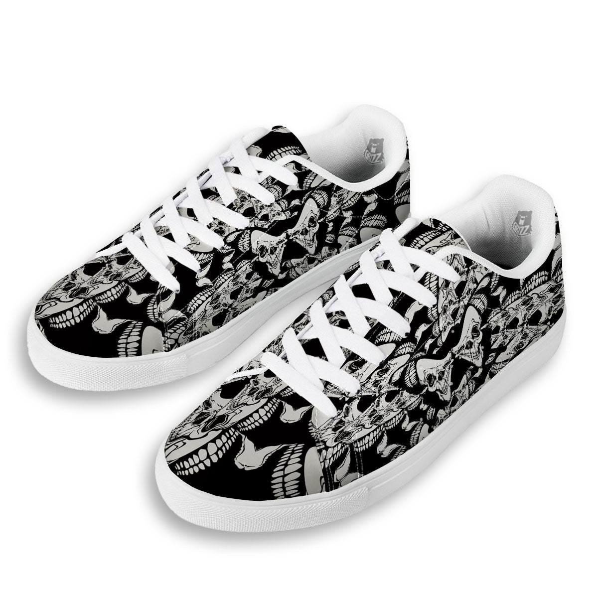 Psychedelic Black And White Skull Print White Low Top Sneakers-grizzshop