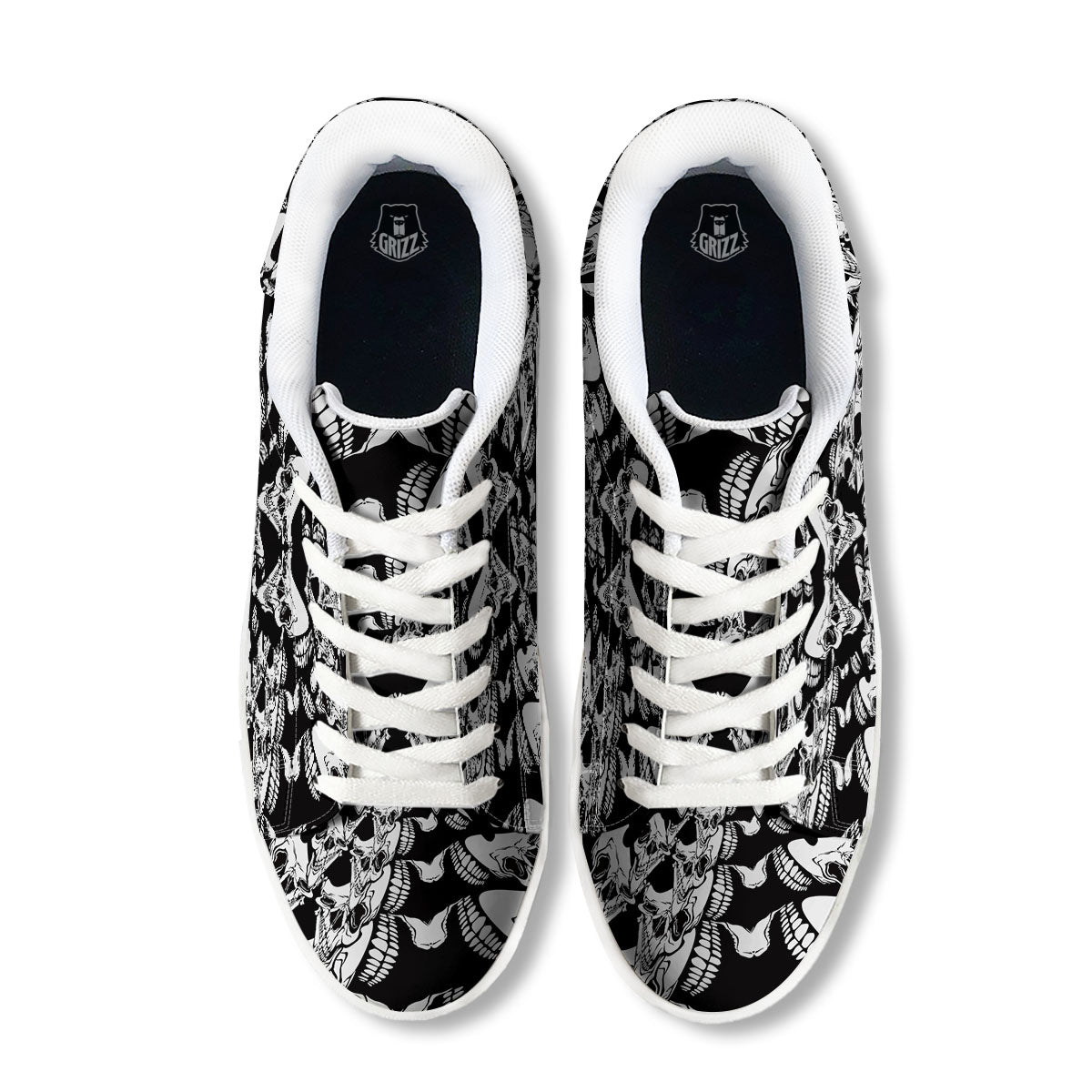Psychedelic Black And White Skull Print White Low Top Sneakers-grizzshop