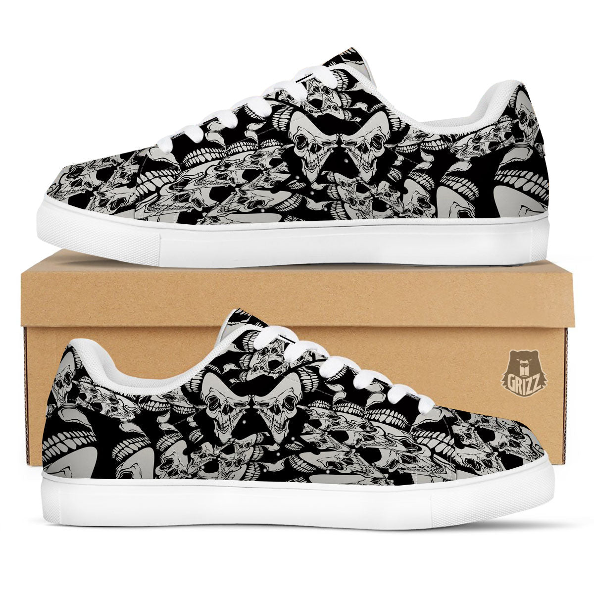 Psychedelic Black And White Skull Print White Low Top Sneakers-grizzshop