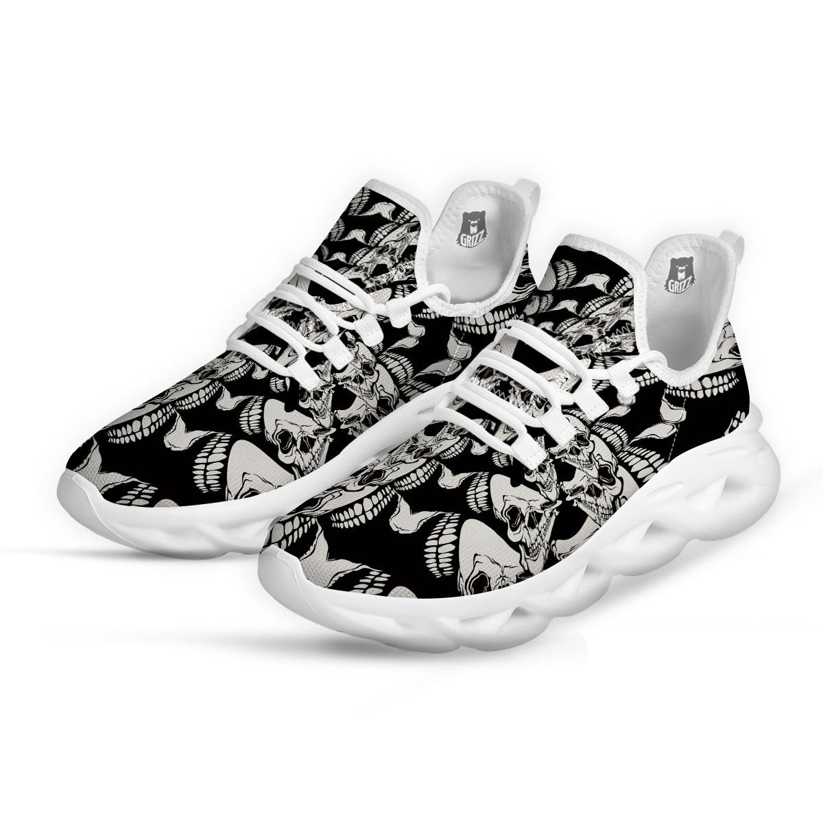 Psychedelic Black And White Skull Print White Running Shoes-grizzshop