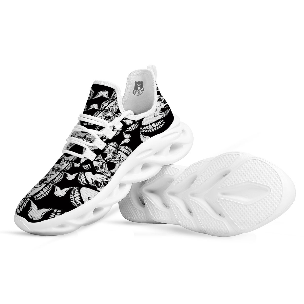Psychedelic Black And White Skull Print White Running Shoes-grizzshop