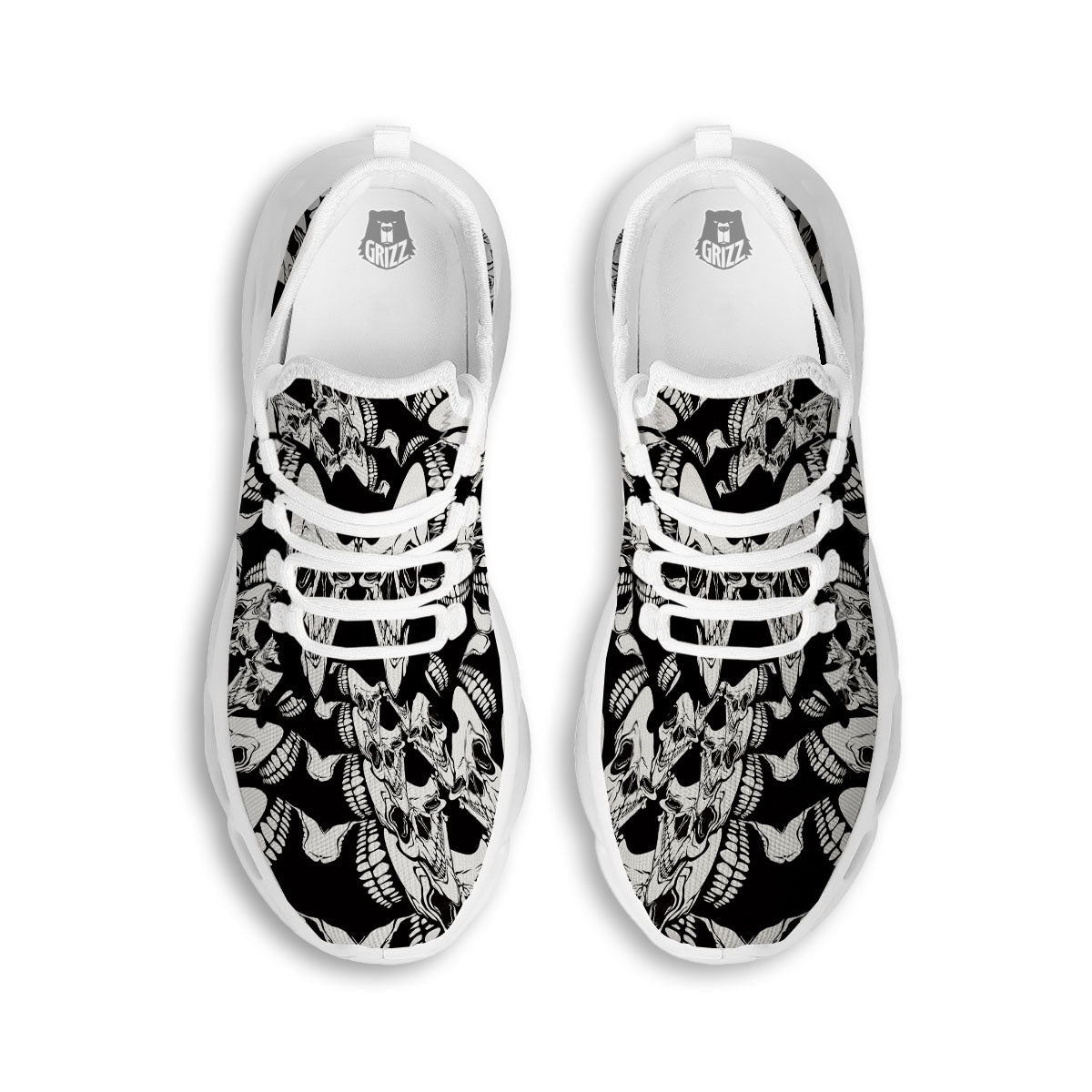 Psychedelic Black And White Skull Print White Running Shoes-grizzshop