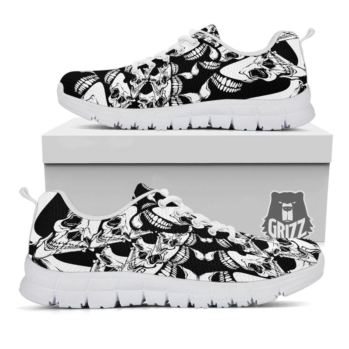 Psychedelic Black And White Skull Print White Sneaker-grizzshop