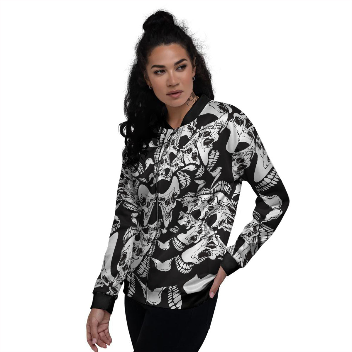 Psychedelic Black And White Skull Print Women's Bomber Jacket-grizzshop
