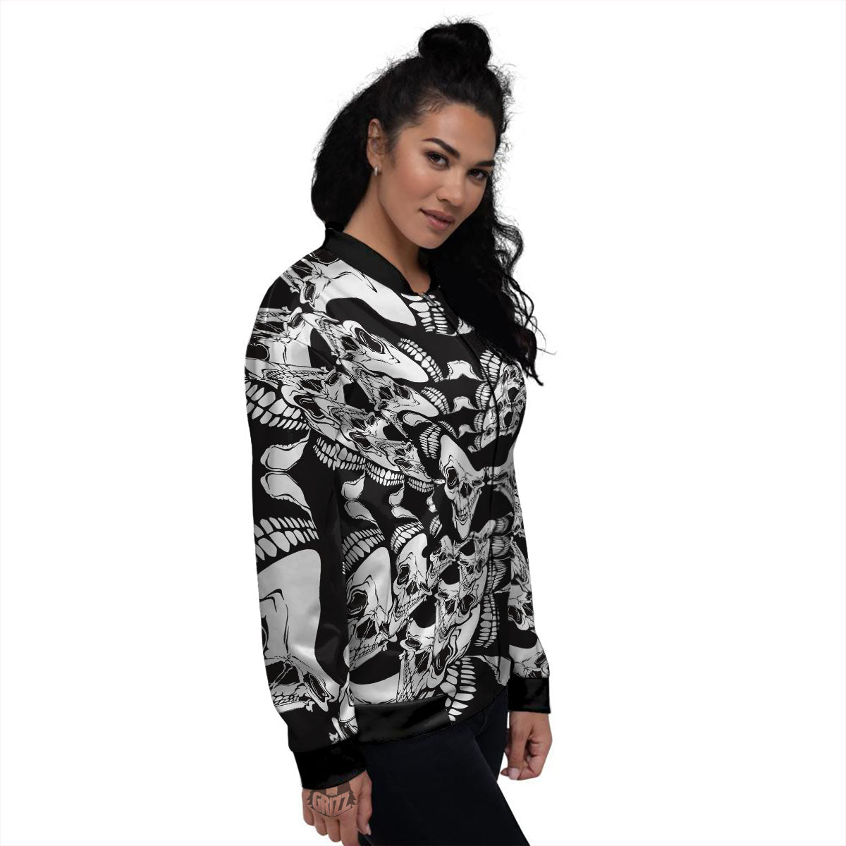 Psychedelic Black And White Skull Print Women's Bomber Jacket-grizzshop