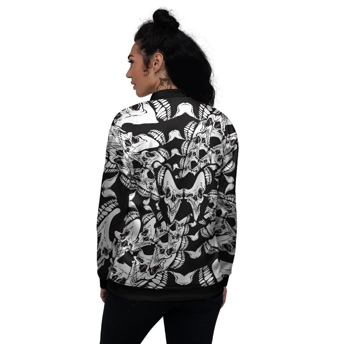Psychedelic Black And White Skull Print Women's Bomber Jacket-grizzshop
