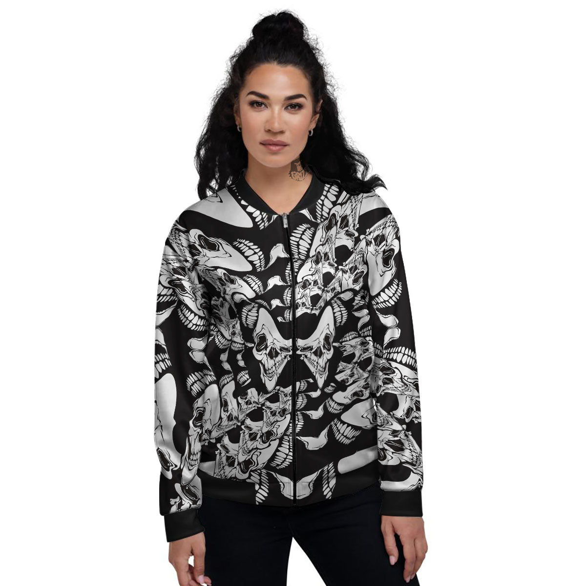 Psychedelic Black And White Skull Print Women's Bomber Jacket-grizzshop