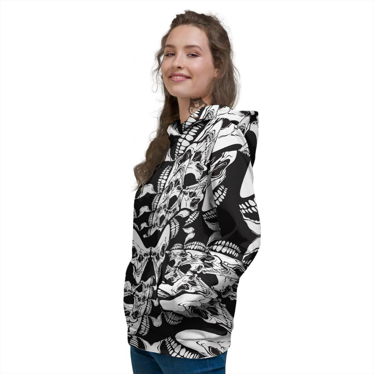 Psychedelic Black And White Skull Print Women's Hoodie-grizzshop