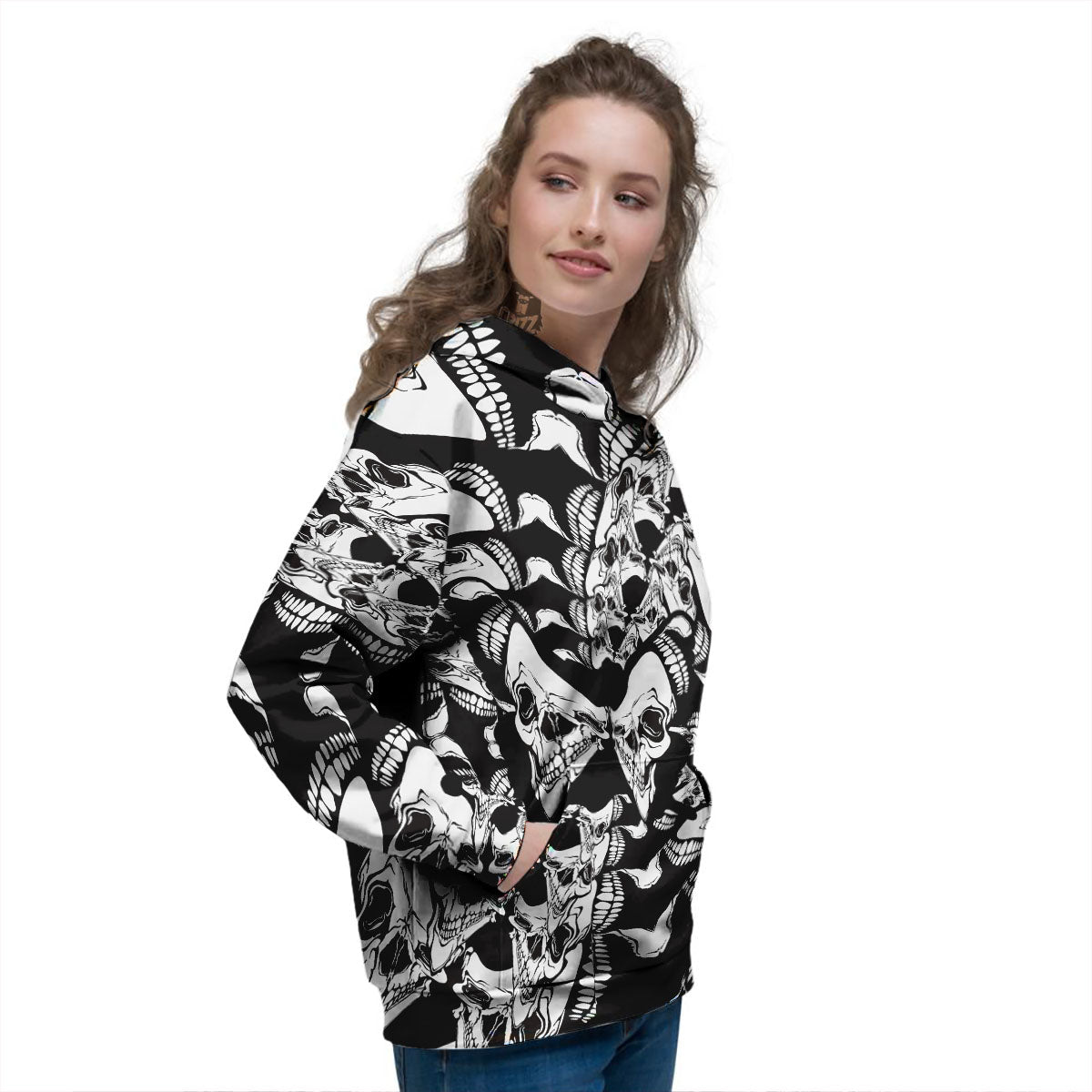 Psychedelic Black And White Skull Print Women's Hoodie-grizzshop
