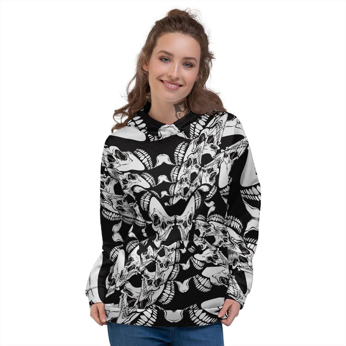 Psychedelic Black And White Skull Print Women's Hoodie-grizzshop