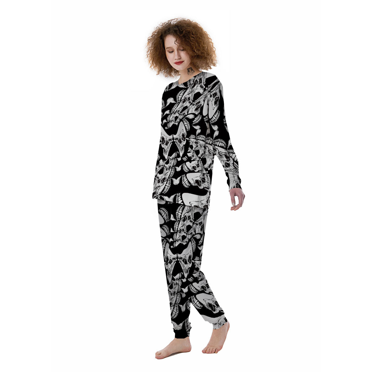 Psychedelic Black And White Skull Print Women's Pajamas-grizzshop