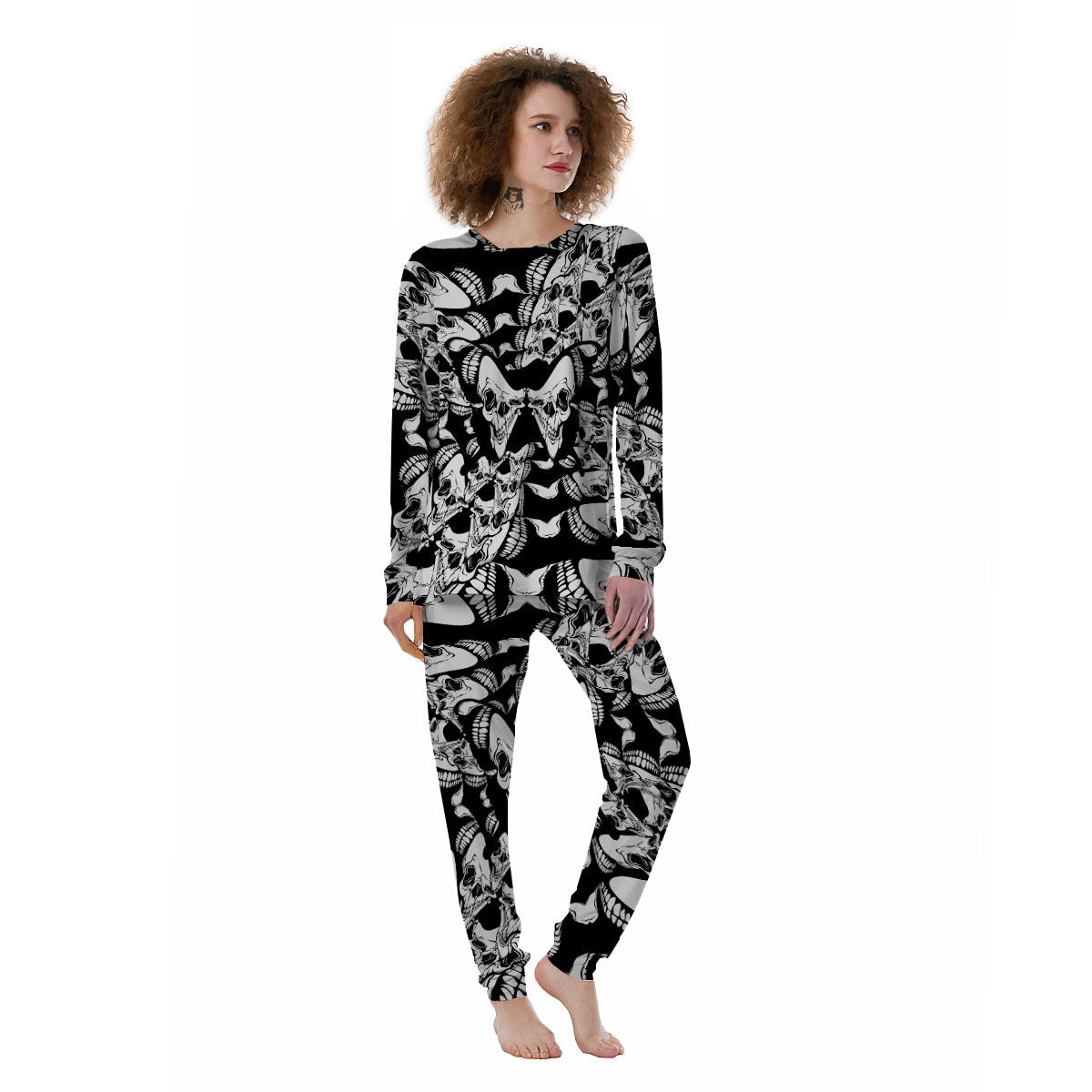 Psychedelic Black And White Skull Print Women's Pajamas-grizzshop