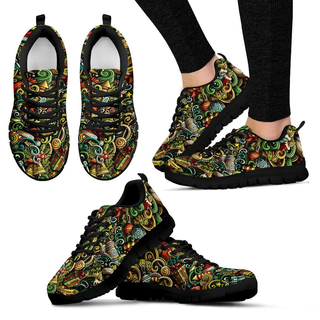 Psychedelic Christmas Pattern Print Black Sneaker Shoes For Men Women-grizzshop