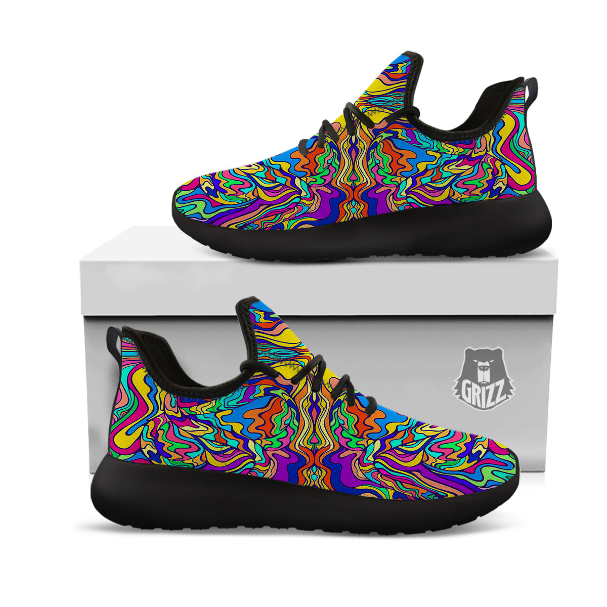 Psychedelic Colorful Fractal Mirror Print Black Athletic Shoes-grizzshop