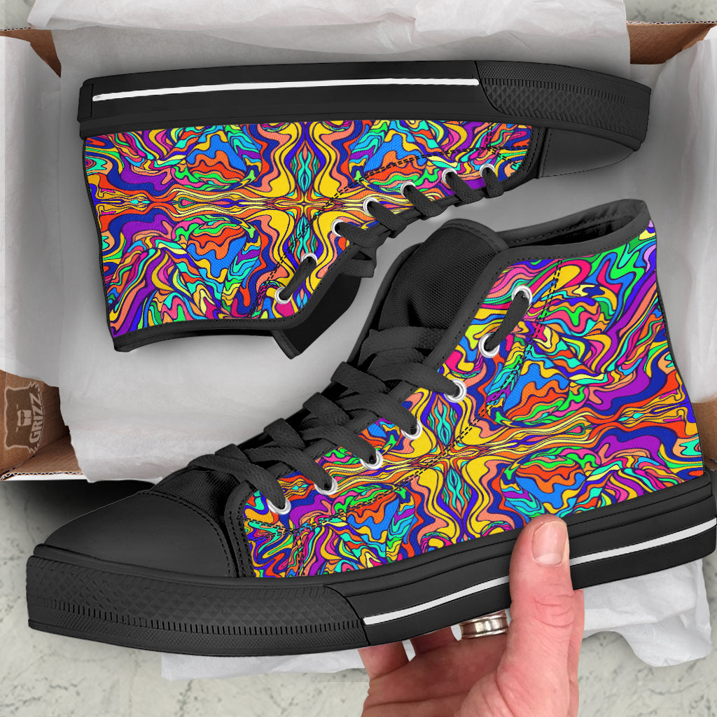 Psychedelic Colorful Fractal Mirror Print Black High Top Shoes-grizzshop