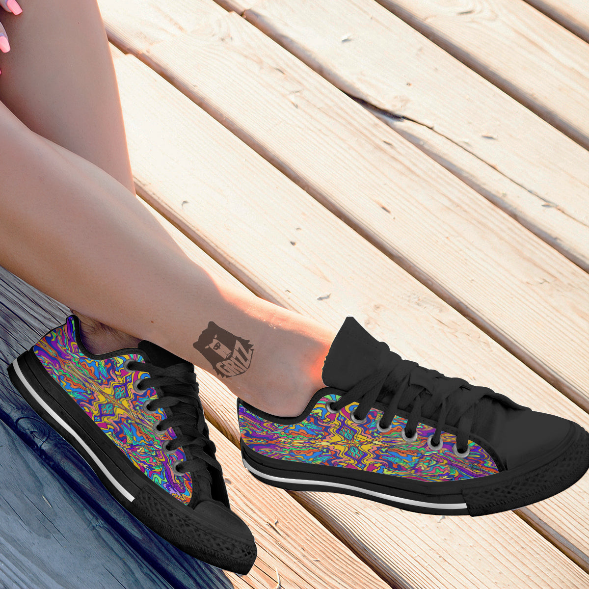 Psychedelic Colorful Fractal Mirror Print Black Low Top Shoes-grizzshop